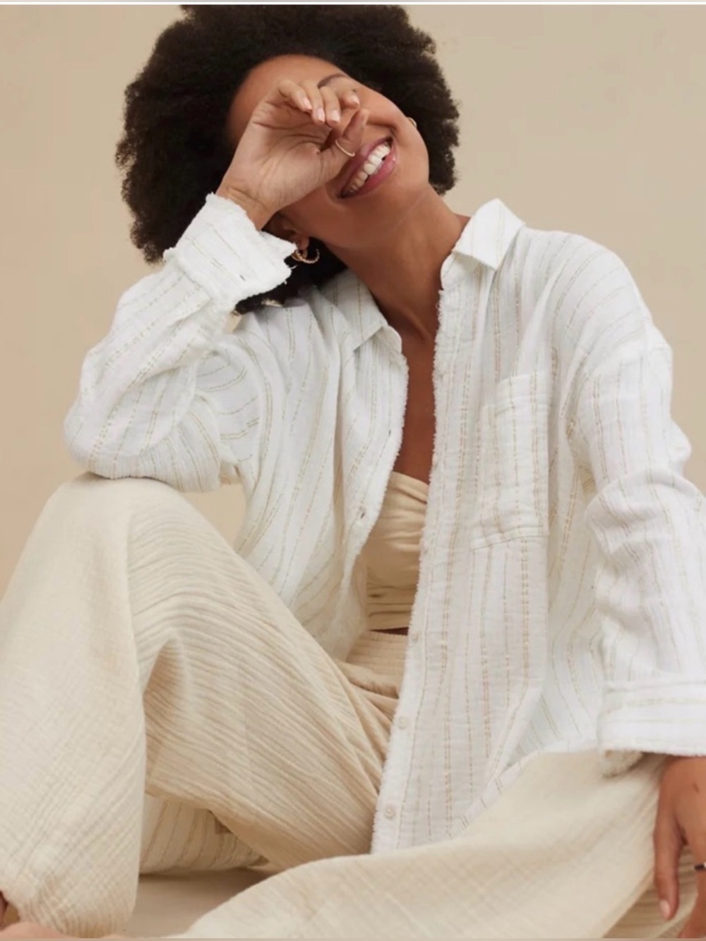 NWT Aerie AEO white with gold stripe Gauzy Button down swim cover up Large